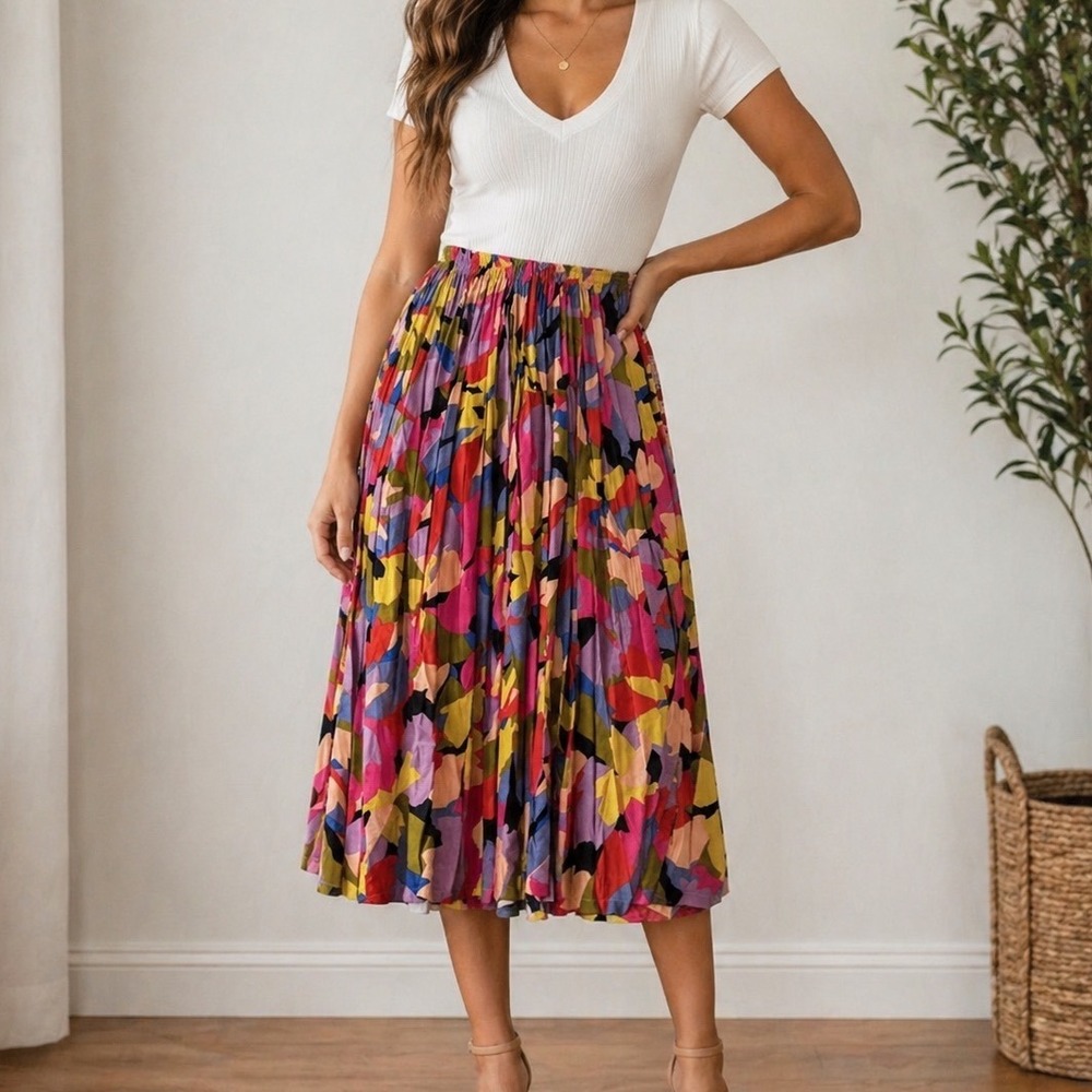 Bali Emerald Womens One‎ Size Rayon Abstract Print Pleated Midi Skirt y2k b3